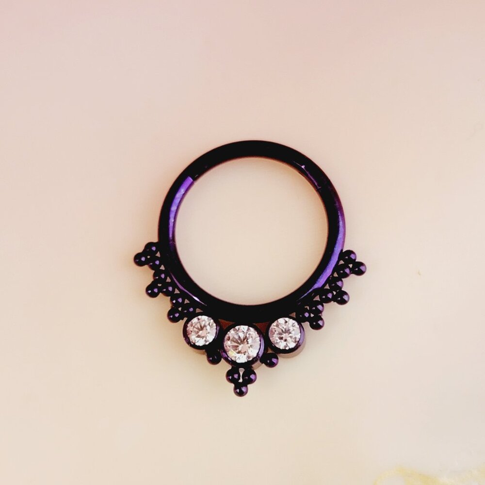 16G Purple Titanium 3 gem Clear CZ Hinged Segment Ring Septum Ring - 10mm NWT